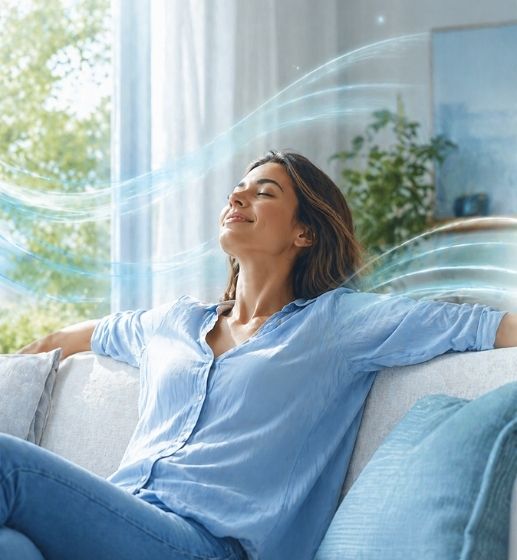 Persona rilassata in casa con aria fresca e comfort Solar Project